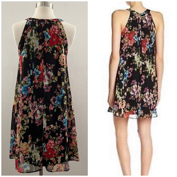 Betsey Johnson Floral Chiffon Halter Swing Dress Flowy Colorful Black Size 2 - Picture 2 of 11